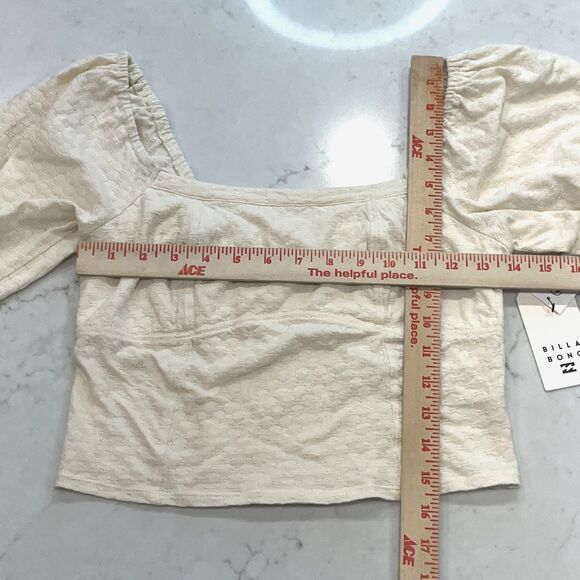 Billabong Flora Smocked Back Boho Crop Short Puff Sleeve Top Cotton Ivory M - Picture 7 of 9